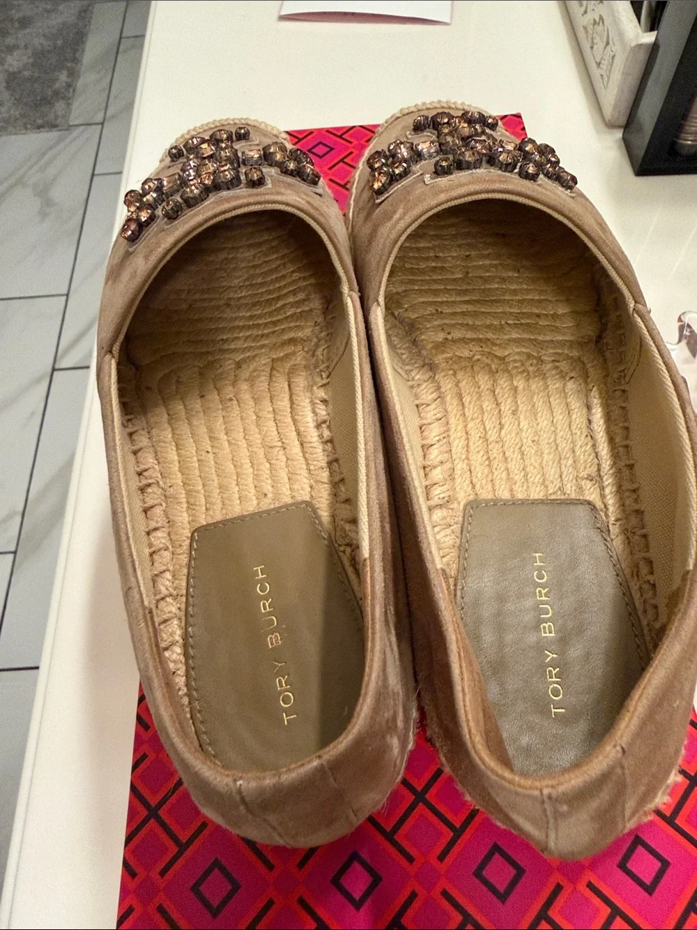 Tory Burch Beige Suede Espadrille with Embellished Logo